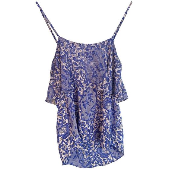 Rebecca Taylor silk tank top blue floral lace print adjustable straps Size 8 - Picture 6 of 7
